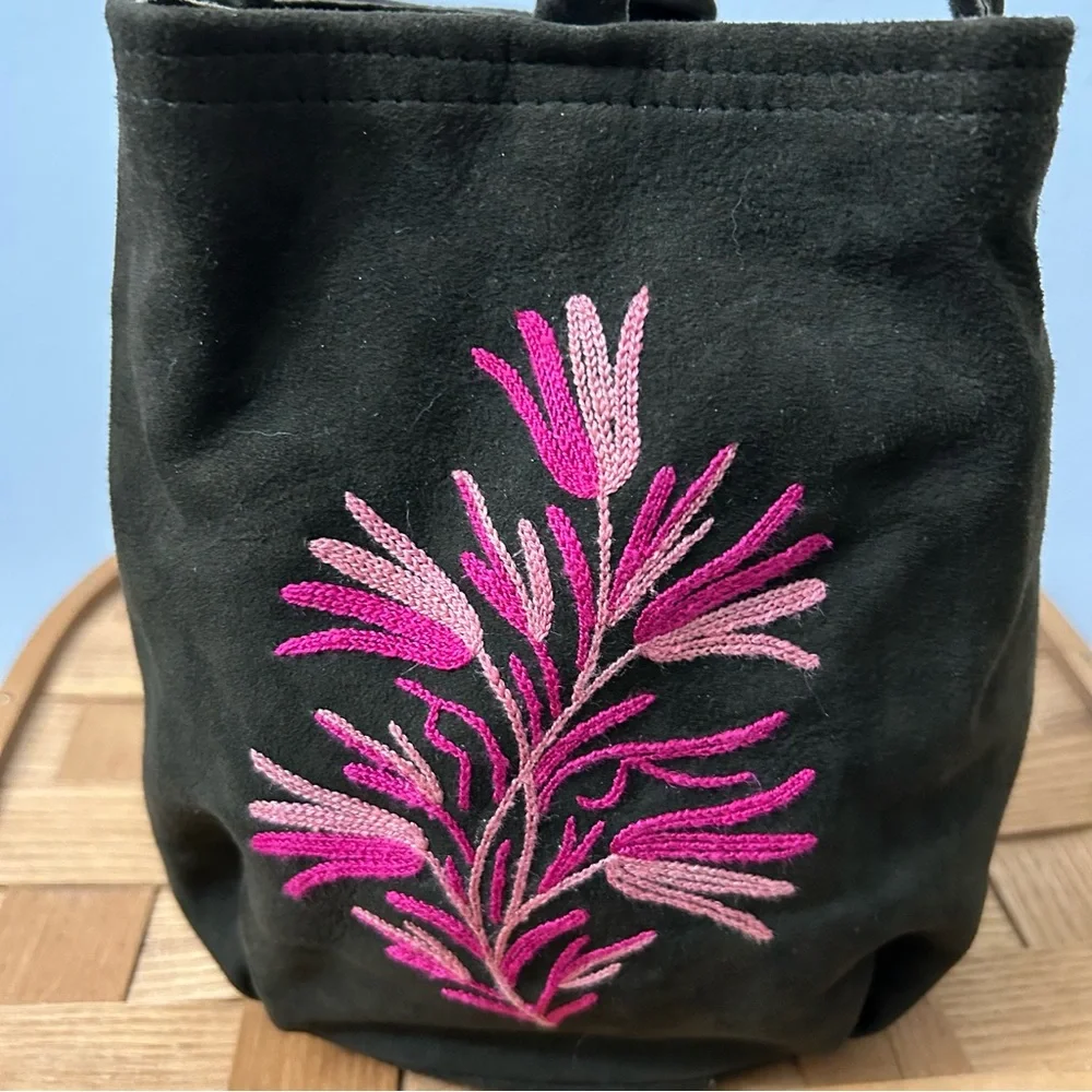 Embroidered Brown and Pink Small Tote Bag